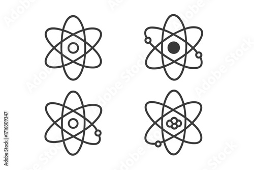 Atom icon set. Science, physics, chemistry symbols. Vector line illustration of atomic structure with nucleus, proton, and electrons in orbit. Molecule particle logo design.
