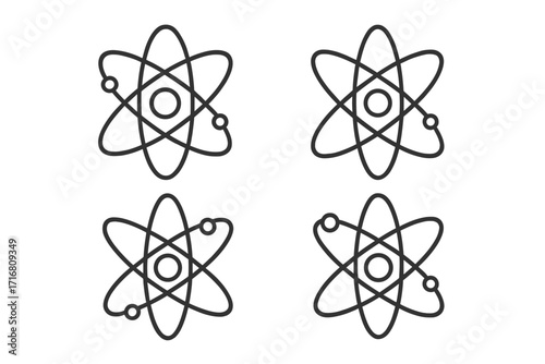 Atom icon set. Science and technology symbol collection. Vector line art of atomic structure, nucleus, electron orbit. Physics, chemistry, nuclear energy, particle element.