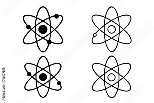 Atom icon set, science symbol collection. Vector illustration of atomic structure with nucleus and orbiting electrons. Physics, chemistry, energy concept for UI, web, apps. Editable stroke line art.