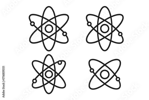 Atom icon set, science symbol collection. Vector line art of atomic structure with nucleus and electron orbit. Physics, chemistry, nuclear energy concept for web and UI design.