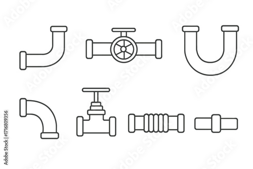 Pipe icon set. Simple linear outline collection of plumbing and pipeline parts. Vector illustration of industrial tube fittings, valves, connectors for water and gas systems.