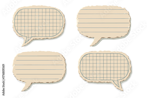 Set of speech bubbles torn from crumpled notebook paper. Dialog stickers with jagged edges. Grid and striped sheets for messages. Retro comic chat box vector illustration.