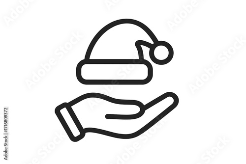 Hand holding Santa Claus hat line icon. Christmas charity, donation, and help concept. Holiday season volunteering and support symbol for web, apps, and graphic design.