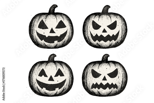 Set of hand-drawn Halloween pumpkin faces. Jack o' lantern vector collection with scary and happy expressions. Spooky horror vintage sketch illustration symbols.