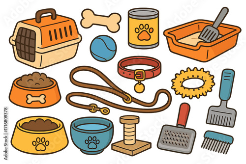 Pet shop accessories set. Dog and cat care equipment collection. Vector icons for domestic animals: food, toys, collar, leash, carrier, grooming brush, and litter box.
