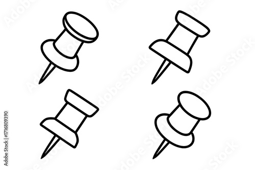 Push pin icon set for school and office supplies. Vector line art for UI, web, app, and book design. Thumbtack, drawing pin, noticeboard, and stationery concepts.