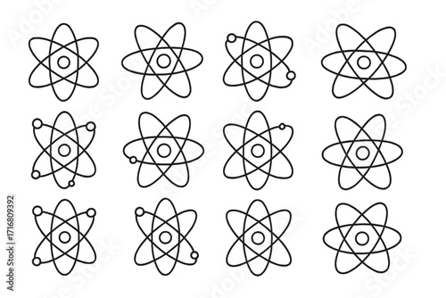 Science line icon set. Atom, nucleus, and electron orbit symbols. Editable stroke vector graphics for physics, chemistry, and technology concepts. Atomic particle design.
