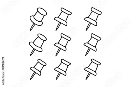 Push pin line icon set. Office and school stationery supply. Vector thumbtack simple outline illustration. Drawing pin for notice board, web, app, or map location marker.
