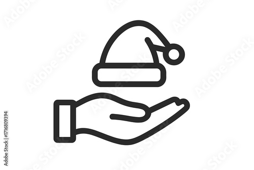 Christmas charity and giving concept. Hand holding Santa hat minimalist line icon. Holiday donation, support, and help symbol. Winter season volunteer vector graphic for web.