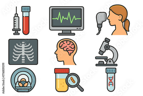 Medical diagnostic and healthcare icon set. Health checkup, hospital, and laboratory analysis symbols. Includes X-ray, MRI, blood test, cardiogram, DNA, and brain scan icons.