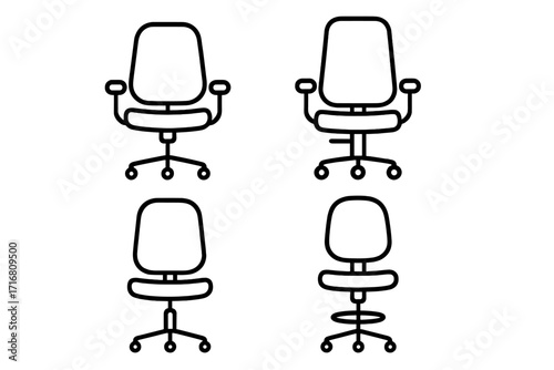 Office chair icon set vector line art collection. Modern ergonomic computer chairs for workplace. Simple furniture symbols for website, app, UI, UX and business graphics.
