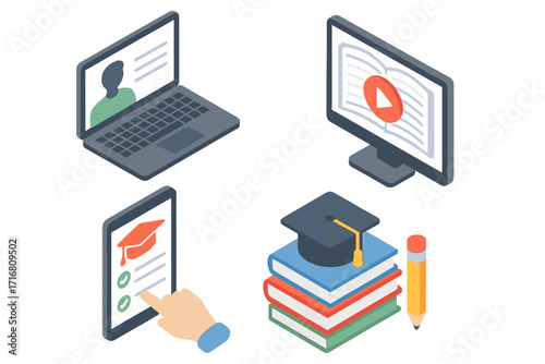 Learning management system isometric icon set. E-learning, online education concept. Webinar, distance training, digital course. Graduation cap, book, laptop. Vector illustration.