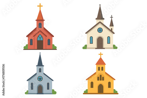 Church building illustration set. Cartoon chapel vector collection. Christian religious temple icon pack. Flat design facade of catholic parish. God faith prayer symbol. Isolated.
