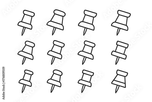Push pin line icon set for school and office supplies. Thumbtack vector illustration for web, apps, and print. Drawing pin symbol collection. Simple outline stationery design.