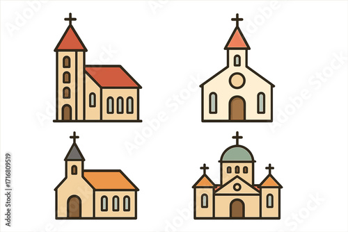 Church building icon set. Christian chapel collection. Cathedral vector illustration. Religion, faith, worship concept. Parish, abbey, minster architecture symbols. God, spirit.