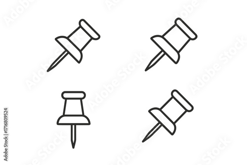 Push pin and thumbtack line icon set for school and office supplies. Vector collection of drawing pins and stationery tacks. Simple outline pictogram for web, app, map marker. Editable stroke.