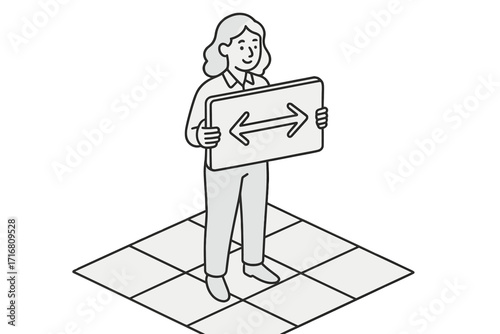Scalability concept with businesswoman holding a two-headed arrow. Business model flexibility, technology adaptation, growth strategy. Isometric vector line art illustration.