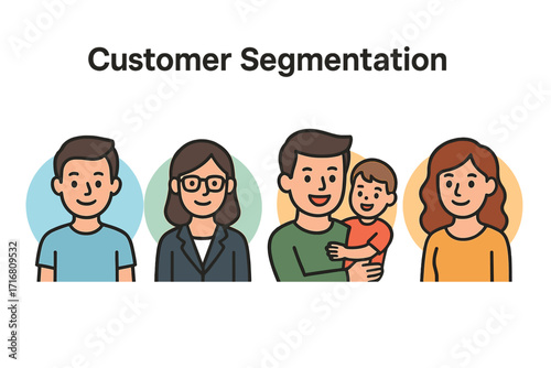 Customer segmentation vector icon set. User personas for business marketing. Target audience avatars. Flat cartoon illustration of diverse people, family, and professionals.