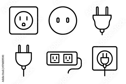 Minimalistic Outlet and Power Plug Line Icon Collection, Editable Stroke Vector Pictograms for Cards, Apps, Banners, Posts, Electrical Plug and Socket Design Elements