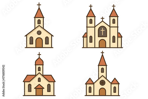 Church building icon set. Christian chapel collection. Simple cartoon vector illustration. Religious architecture symbol for faith, worship, prayer. Holy spiritual flat design element.