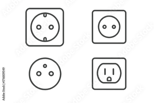 Power outlet line icon set. Editable stroke vector pictograms. Electric socket types for US, EU. Minimalist wall plug interface symbols for web and app design.
