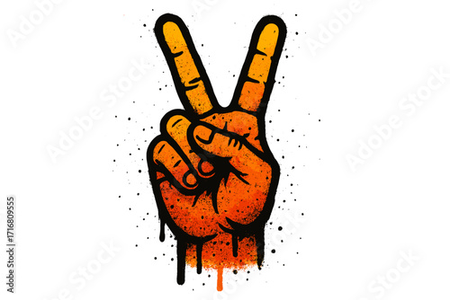 Graffiti hand V sign for peace or victory. Urban street art style illustration with spray paint texture and drips. Two fingers up gesture symbol. Victory hand gesture isolated.