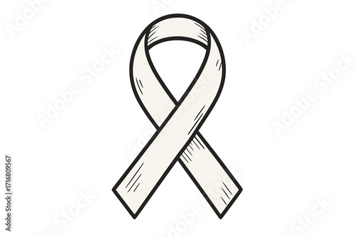 White awareness ribbon hand-drawn vector. Sketch symbol for lung cancer, bone cancer, peace campaigns. Support for ending violence against women and promoting adoption.