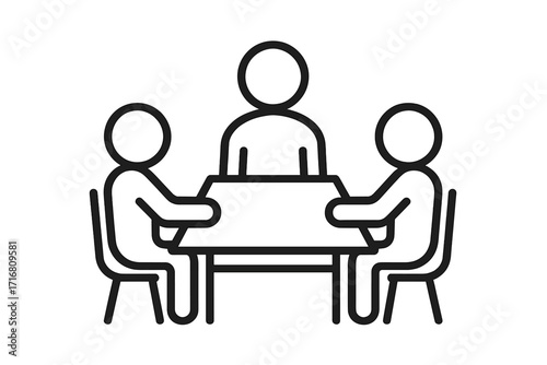 Workspace icon with pins, linear style vector illustration of office desk meeting, collaboration, teamwork people sitting around table, transparent background, office symbol set