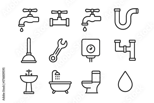 Plumbing and Faucet Bathroom Thin Line Icons Pack, Editable Stroke Vector Illustration for Websites, Books, Cards, Apps, including Sink, Bathtub, Toilet, Wrench, Plunger, Water Drop