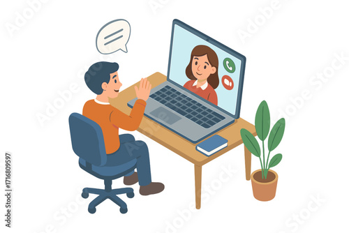 Man on video call with woman. Online meeting concept for remote work. Virtual conference from home office. Person talking on laptop webcam. Communication technology vector.