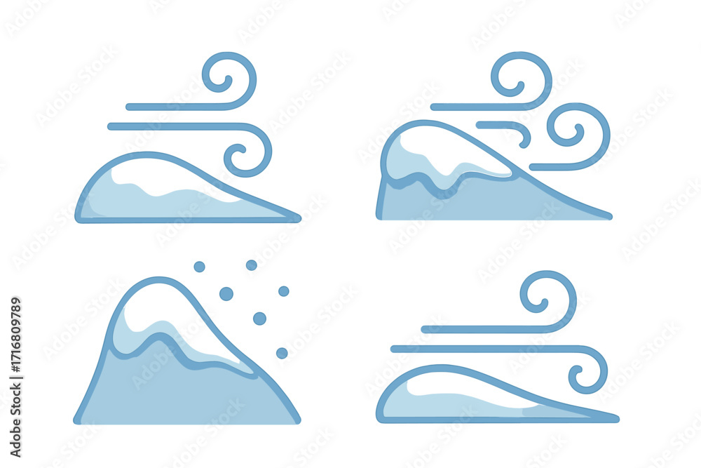 Snow and wind weather symbol set, flat vector icons with cartoon mountain shapes, winter snowfall, blowing snow, cold climate, nature illustration with transparent background