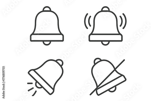Notification bell icon set with ringing, alert, and silent mode symbols. Linear outline graphic for user interface design, websites, and mobile apps. Vector pictogram signs.