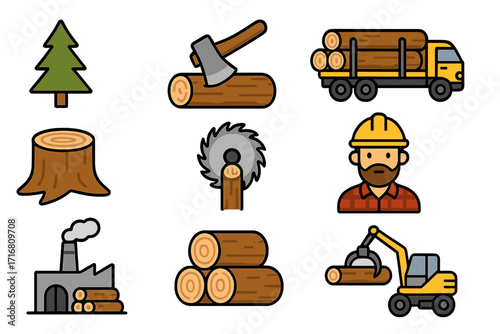 Lumberjack and logging industry icon set. Wood cutting, forestry, and timber processing. Vector icons collection for sawmill, logger, axe, tree, stump, and transport truck.