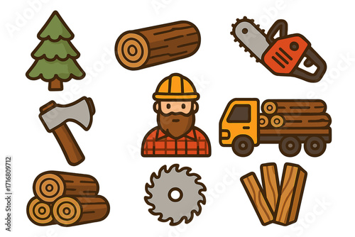 Lumberjack icon set. Logging industry woodcutter tools. Cartoon vector illustration. Forestry and woodcutting concept with chainsaw, axe, log truck, firewood, timber, and tree.