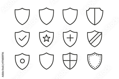 Shield line icon bundle with editable stroke, minimalistic linear pictogram set for app design, cards, banners, social media posts, security and protection concept vector illustration