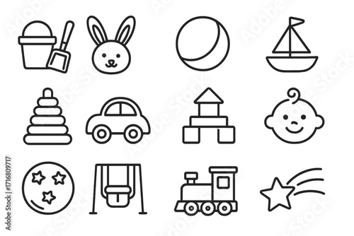 Kids toys icon set. Baby, childhood, play, and kindergarten concept. Thin line vector icons with editable stroke. Car, train, boat, ball, bunny, blocks, swing, pyramid.