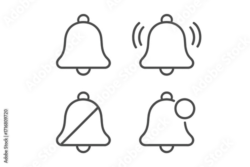 Notification bell outline icon collection. Ringing, silent, new message, and alert symbols. Simple line art for web UI/UX design. Subscribe, reminder, and alarm vector set.