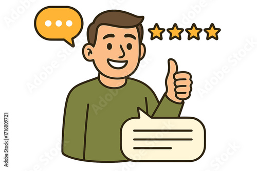 Happy customer giving positive review, five star rating and thumbs up. Man testimonial for excellent service. Client satisfaction, quality work, and user experience concept.