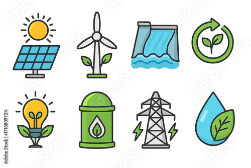 Renewable energy icon set. Green power, sustainable technology for clean electricity generation. Solar panel, wind turbine, hydro dam, and biomass vector illustration symbols.