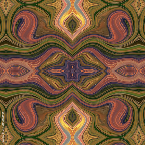 Symmetrical abstract pattern with green, purple, and orange swirls forming kaleidoscopic designs. Perfect abstract, pattern, geometry, symmetry, and texture art.