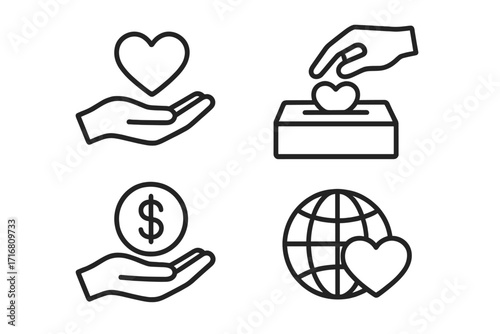 Charity icon set. Donation and fundraising outline symbols. Concept of volunteering, support, and love. Hand giving money and heart. Global help and philanthropy graphic.