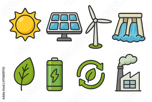Renewable energy icon set for green power generation. Sustainable technology concept with solar panel, wind turbine, hydro dam, and battery. Eco friendly vector icons.