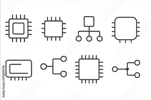 Simple linear icon of microchip and circuit scheme, editable stroke minimalistic line pictogram, technology and electronics design, vector cartoon illustration for apps, banners, posts, cards