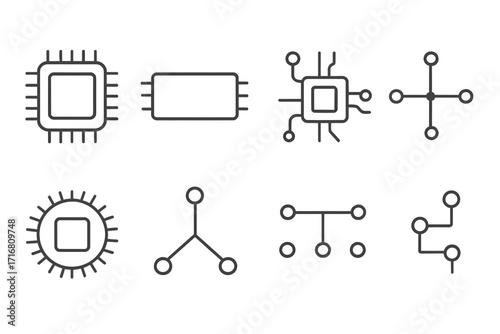 Simple linear icon of microchip and circuit scheme, editable stroke minimalistic design, technology vector illustration for cards, apps, banners, posts, electronics, digital hardware