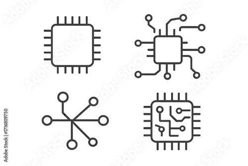 Simple linear icon of microchip and circuit scheme, editable stroke minimalistic vector pictogram, technology design element for cards, apps, banners, posts, digital electronic illustration