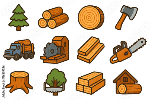 Timber industry icon set. Logging and woodworking vector collection. Lumberjack tools, forestry equipment, sawmill, wood processing, axe, log, lumber, planks, tree, truck.