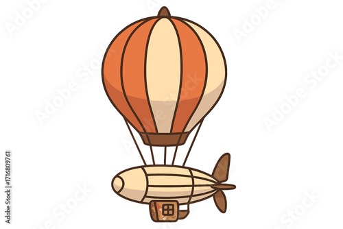 Steampunk airship vector illustration. Fantasy retrofuturistic hot air balloon, vintage dirigible for travel and adventure. Cartoon zeppelin transport design isolated on white background.