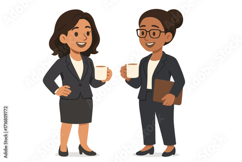 Two business women on a coffee break concept. Colleagues talking at work. Corporate communication and teamwork. Female professionals networking. Office friendship illustration.