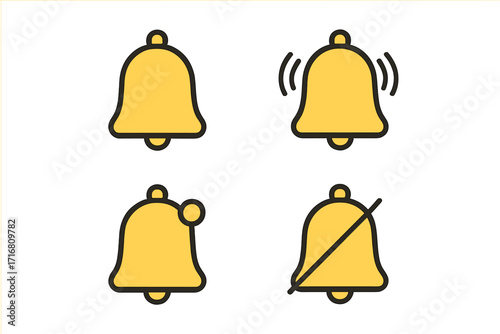 Notification bell icon set for web and apps. Subscribe, alert, and reminder symbols. Ringing, new message, and silent mode icons for user interface design. Vector line art.