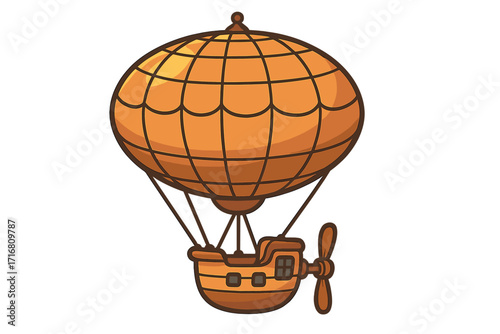 Steampunk airship vector illustration. Fantasy hot air balloon with propeller. Vintage dirigible for adventure travel concept. Retro cartoon transport design element.